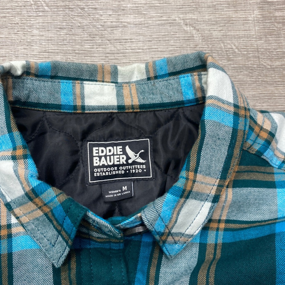 Eddie Bauer Shirt Jacket Womens M Teal Plaid Quilted Lined Flannel Outdoor - Picture 3 of 10